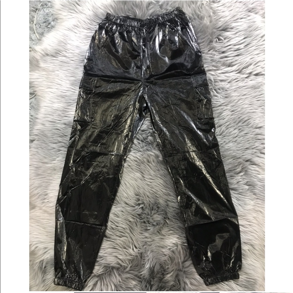 NEW black shiny cargo joggers sz M